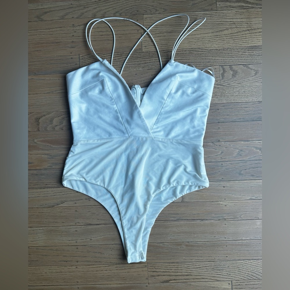 Deep V white bodysuit with thong bodysuit | small